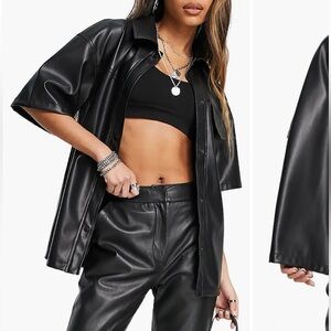 Topshop Bold Black Faux Leather Button Up Shirt -like new